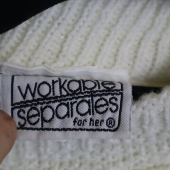 IVORY CABLEKNIT SWEATER 2X Vintage 90s USA Patterned Cream Pastel Work Office - Picture 4 of 7